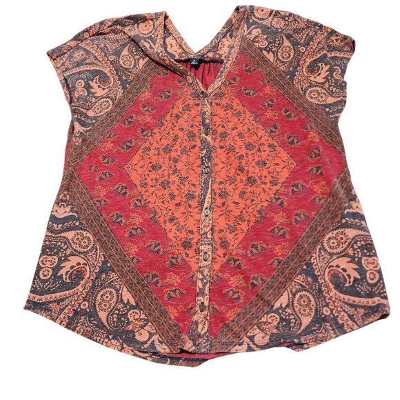 3/$15 Lucky Brand Rustic Abstract Floral Cap Sleeve Button Front Top Small - Picture 1 of 11